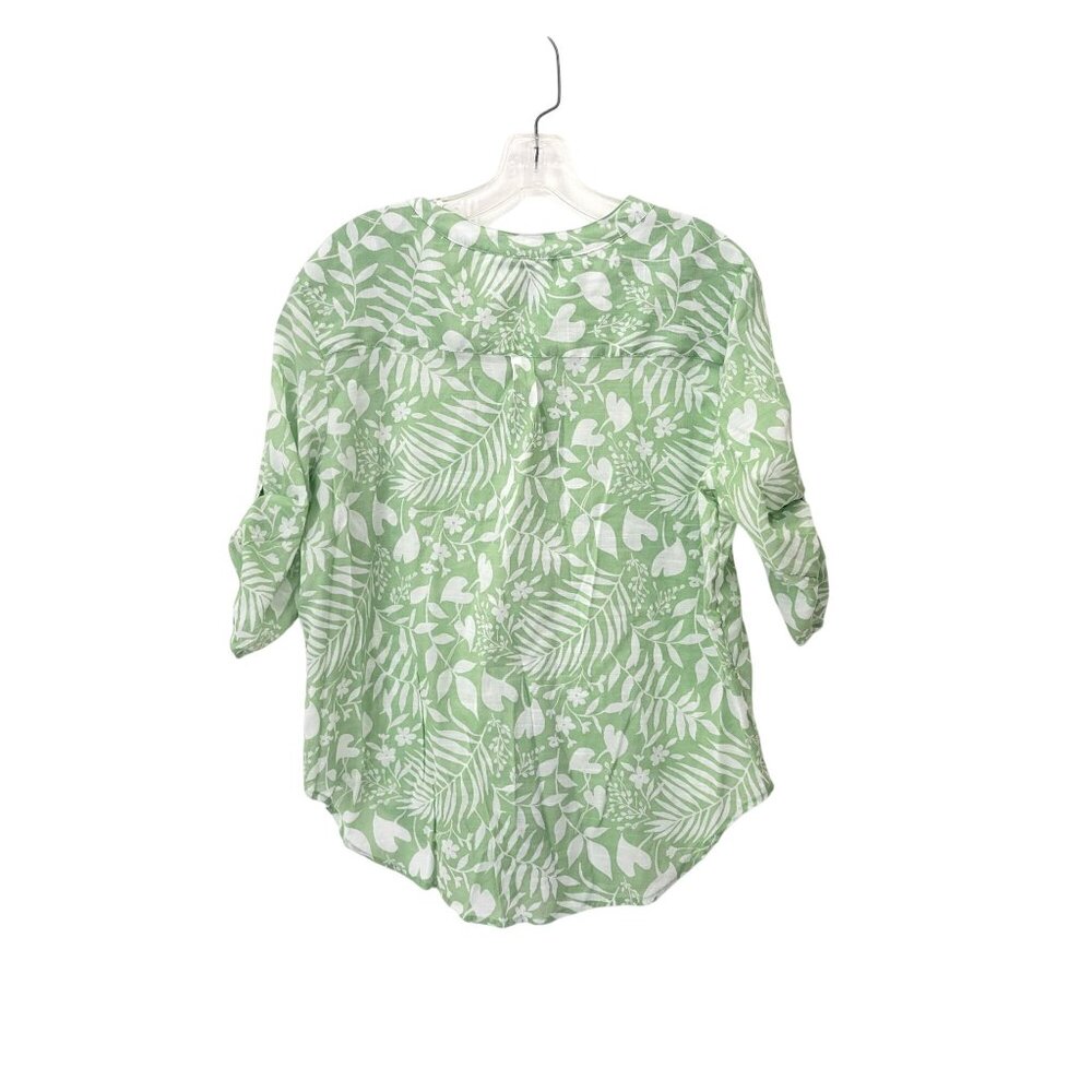 Preswick & Moore Womens Green & White Floral Button-Up Blouse XL Roll-Up Sleeves - Picture 2 of 4